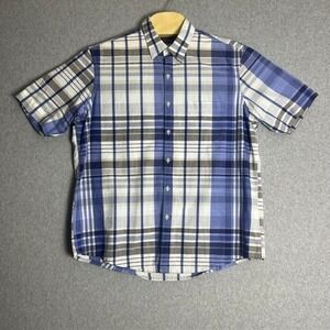 Tasso Elba Men's Blue and‎ White Plaid Button Up Short Sleeve Shirt Size Large